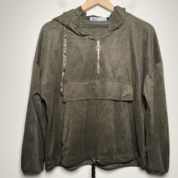 Zara Men Faux Suede Anorak Sweater Jacket Medium Brown Green‎ Quarterzip - Picture 1 of 11
